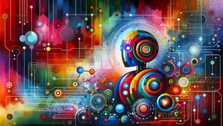 Abstract digital artwork with a robot using a CRM surrounded by color