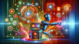 Abstract artwork of a robot reaching out to a digital elements