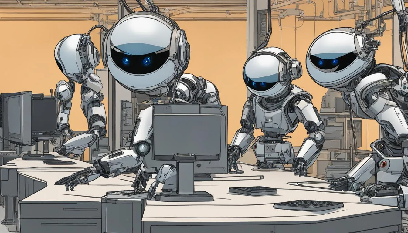 Digital cartoon artwork of multiple chatbots using computer terminals