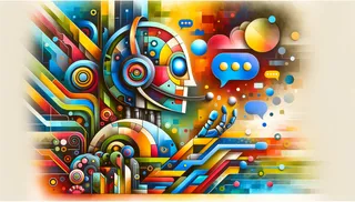 Digital abstract artwork of robot surrounded by chat bubbles