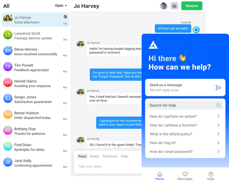 Screenshot of shared inbox and live chat widget